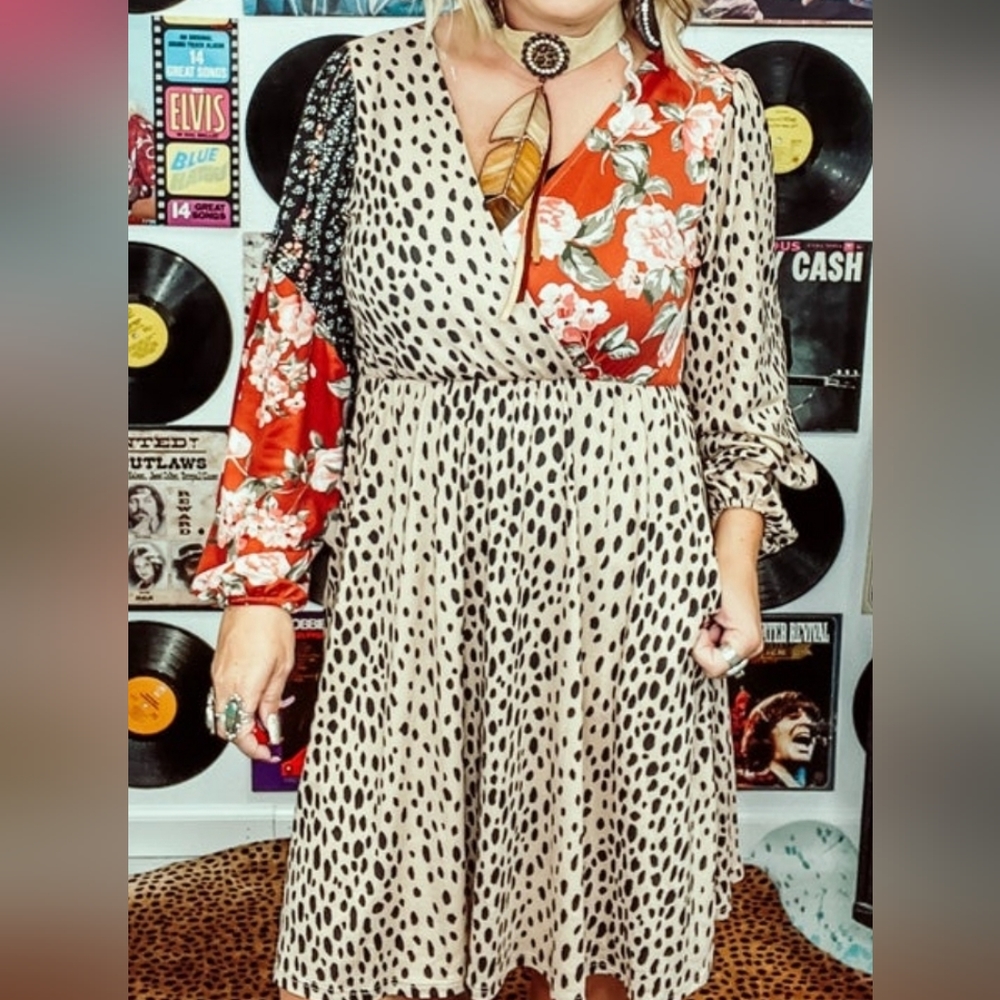 Mixed print faux wrap dress